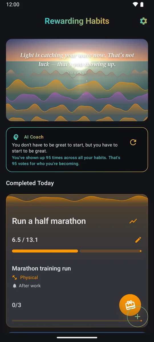 The Rewarding Habits home screen in dark mode: a sunrise ocean of habit waves, an encouraging AI coach message, and a goal in progress