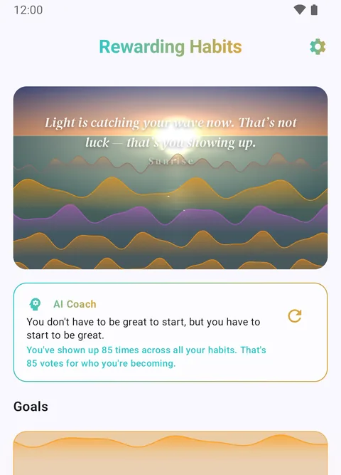 Rewarding Habits home screen with a sunrise ocean of habit waves, an AI coach message, and your goals